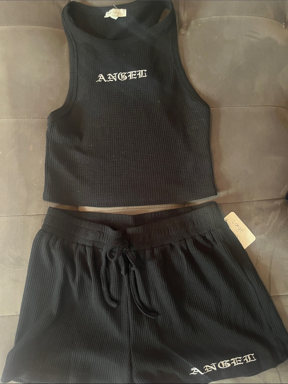 Black 'Angel' Waffle Knit Cropped Tank & Drawstring Shorts Set